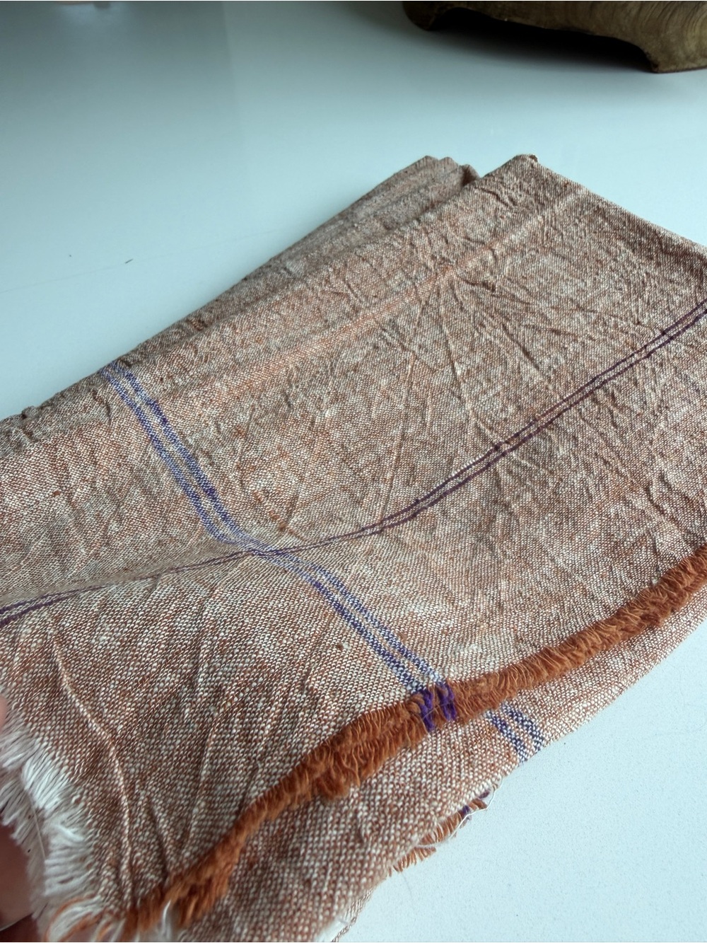 Set of 6 Linen Napkins | Terracotta with Blue Stripe | French Country Table - Picture 6 of 6